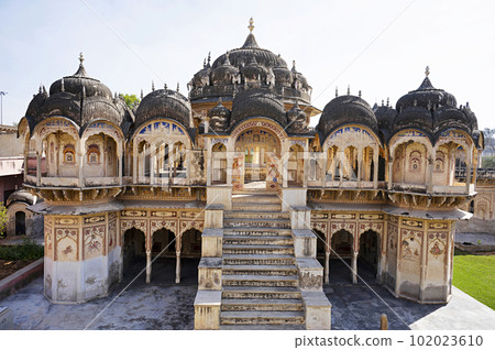 Exteriors of an old chhatri (cenotaph), Seth Anantram Podar and family ki smarak rupi chhatri, located in Ramgarh, Shekhawati, Rajasthan, India 102023610