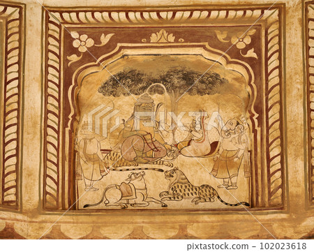 Colourful mythological paintings on the ceiling of an old chhatri (cenotaph), Seth Anantram Podar and family ki smarak rupi chhatri, located in Ramgarh, Shekhawati, Rajasthan, India 102023618