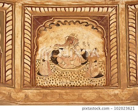 Colourful mythological paintings on the ceiling of an old chhatri (cenotaph), Seth Anantram Podar and family ki smarak rupi chhatri, located in Ramgarh, Shekhawati, Rajasthan, India Colourful mythological paintings on the ceiling of an old chhatri (cenotaph), Seth Anantram Podar and family ki smarak rupi chhatri, located in Ramgarh, Shekhawati, Rajasthan, India 102023621