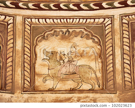 Colourful mythological paintings on the ceiling of an old chhatri (cenotaph), Seth Anantram Podar and family ki smarak rupi chhatri, located in Ramgarh, Shekhawati, Rajasthan, India Colourful mythological paintings on the ceiling of an old chhatri (cenotaph), Seth Anantram Podar and family ki smarak rupi chhatri, located in Ramgarh, Shekhawati, Rajasthan, India 102023623