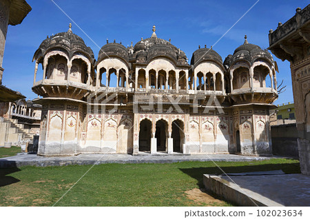 Exteriors of an old chhatri (cenotaph), Seth Anantram Podar and family ki smarak rupi chhatri, located in Ramgarh, Shekhawati, Rajasthan, India 102023634