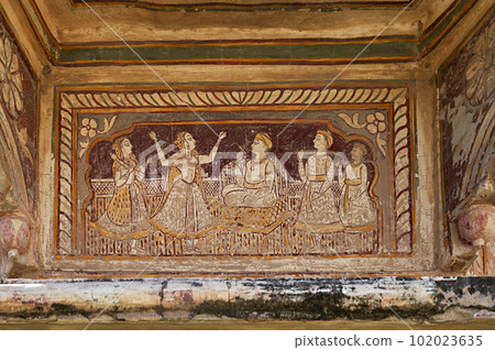 Colourful mythological paintings on the inner wall of an old chhatri (cenotaph), Seth Anantram Podar and family ki smarak rupi chhatri, located in Ramgarh, Shekhawati, Rajasthan, India Colourful mythological paintings on the inner wall of an old chhatri (cenotaph), Seth Anantram Podar and family ki smarak rupi chhatri, located in Ramgarh, Shekhawati, Rajasthan, India 102023635