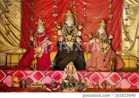 Decorative marble idols of Maa Ganga, Maa Jamuna and Maa Saraswati in Ganga Mata Mandir, built around 200 years ago by Seth Podars of Ramgarh, Ramgarh, Shekhawati, Rajasthan, India 102023640