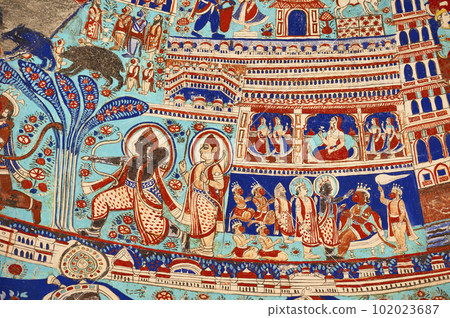 Colourful mythological paintings on the ceiling dome of Seth Ram Gopal Poddar Chhatri. 500 murals depicting lives of Lord Ram and Lord Krishna, built 150 years ago, located in Ramgarh, Shekhawati, Colourful mythological paintings on the ceiling dome of Seth Ram Gopal Poddar Chhatri. 500 murals depicting lives of Lord Ram and Lord Krishna, built 150 years ago, located in Ramgarh, Shekhawati, 102023687