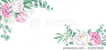 Floral watercolor banner, design frame. Pink and white peonies, eucalyptus and gypsophila branches. Hand drawn botanical illustration isolated on white background. Can be used for cards, wedding Floral watercolor banner, design frame. Pink and white peonies, eucalyptus and gypsophila branches. Hand drawn botanical illustration isolated on white background. Can be used for cards, wedding 102023688