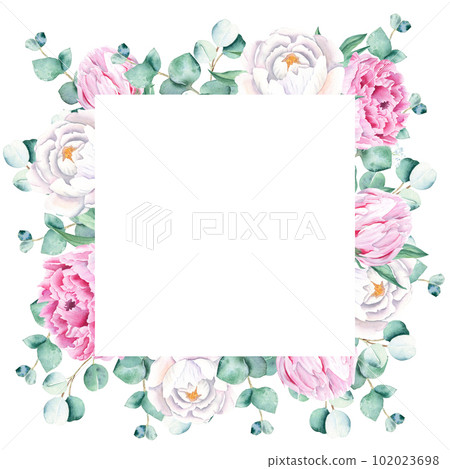 Watercolor square frame, pink and white peonies, eucalyptus branches. Hand drawn botanical illustration isolated on white background. Ideal for stationery, invitations, save the date, wedding Watercolor square frame, pink and white peonies, eucalyptus branches. Hand drawn botanical illustration isolated on white background. Ideal for stationery, invitations, save the date, wedding 102023698