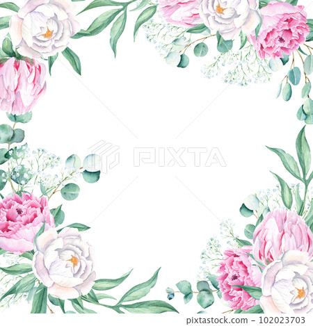 Watercolor square frame, pink and white peonies, eucalyptus and gypsophila branches. Hand drawn botanical illustration isolated on white background. Ideal for stationery, invitations, save the date Watercolor square frame, pink and white peonies, eucalyptus and gypsophila branches. Hand drawn botanical illustration isolated on white background. Ideal for stationery, invitations, save the date 102023703