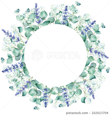 Watercolor eucalyptus, lavender and qypsophila branches circle frame isolated on white background. Hand drawn botanical illustration. For wedding invitations, save the date, greeting card, logos Watercolor eucalyptus, lavender and qypsophila branches circle frame isolated on white background. Hand drawn botanical illustration. For wedding invitations, save the date, greeting card, logos 102023704