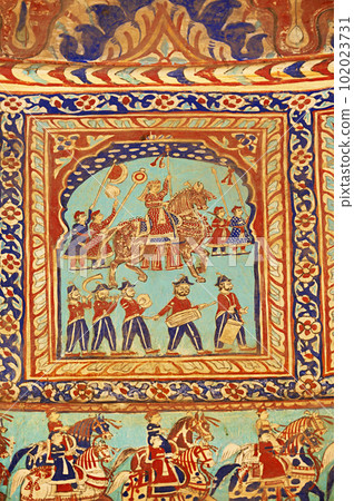 Colourful mythological paintings on the ceiling dome of Seth Ram Gopal Poddar Chhatri. 500 murals depicting lives of Lord Ram and Lord Krishna, built 150 years ago, located in Ramgarh, Shekhawati, 102023731