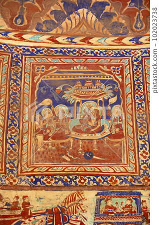 Colourful mythological paintings on the ceiling dome of Seth Ram Gopal Poddar Chhatri. 500 murals depicting lives of Lord Ram and Lord Krishna, built 150 years ago, located in Ramgarh, Shekhawati, 102023738