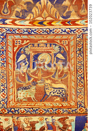 Colourful mythological paintings on the ceiling dome of Seth Ram Gopal Poddar Chhatri. 500 murals depicting lives of Lord Ram and Lord Krishna, built 150 years ago, located in Ramgarh, Shekhawati, 102023739