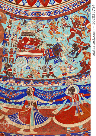 Colourful mythological paintings on the ceiling dome of Seth Ram Gopal Poddar Chhatri. 500 murals depicting lives of Lord Ram and Lord Krishna, built 150 years ago, located in Ramgarh, Shekhawati, 102023754