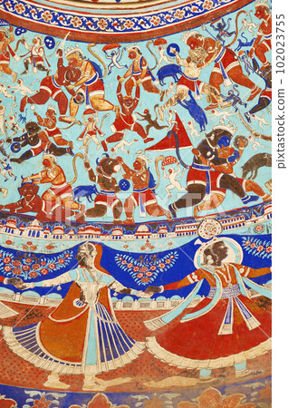 Colourful mythological paintings on the ceiling dome of Seth Ram Gopal Poddar Chhatri. 500 murals depicting lives of Lord Ram and Lord Krishna, built 150 years ago, located in Ramgarh, Shekhawati, Colourful mythological paintings on the ceiling dome of Seth Ram Gopal Poddar Chhatri. 500 murals depicting lives of Lord Ram and Lord Krishna, built 150 years ago, located in Ramgarh, Shekhawati, 102023755