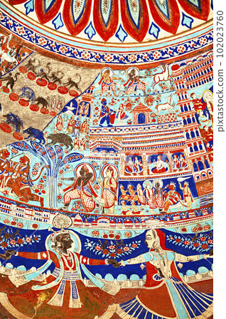 Colourful mythological paintings on the ceiling dome of Seth Ram Gopal Poddar Chhatri. 500 murals depicting lives of Lord Ram and Lord Krishna, built 150 years ago, located in Ramgarh, Shekhawati, 102023760