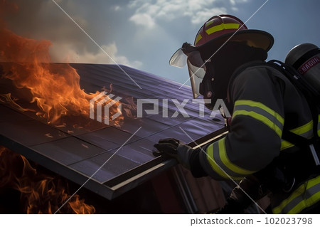 Solar panel on fire being put out by a firefighter. Significant trouble. Generative Ai t Solar panel on fire being put out by a firefighter. Significant trouble. Generative Ai t 102023798
