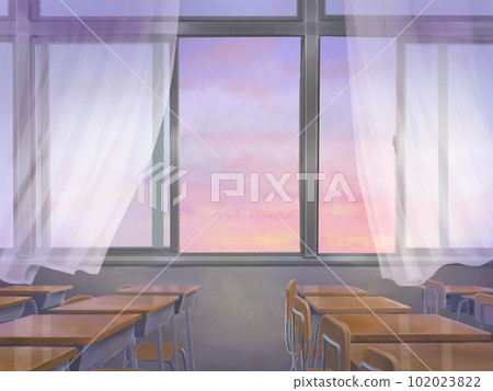 A classroom with curtains where you can see the sunset A classroom with curtains where you can see the sunset 102023822