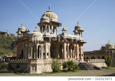 Gaitore Ki Chhatriyan, this site features traditional funeral monuments honouring royal men of the past, Maharaja Jai Singh II, the founder of Jaipur, Nahargarh Fort, located in Jaipur, Rajasthan, 102023871