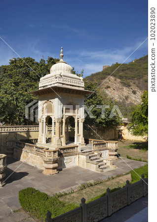 Gaitore Ki Chhatriyan, this site features traditional funeral monuments honouring royal men of the past, Maharaja Jai Singh II, the founder of Jaipur, Nahargarh Fort, located in Jaipur, Rajasthan, 102023890