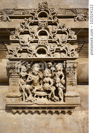 Carved stone idols on the outer wall of The Harshat Mata Temple, a Hindu temple dedicated to a goddess Harshat Mata, Abhaneri, Rajasthan, India Carved stone idols on the outer wall of The Harshat Mata Temple, a Hindu temple dedicated to a goddess Harshat Mata, Abhaneri, Rajasthan, India 102024122