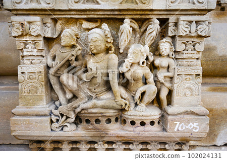 Carved stone idols on the outer wall of The Harshat Mata Temple, a Hindu temple dedicated to a goddess Harshat Mata, Abhaneri, Rajasthan, India 102024131