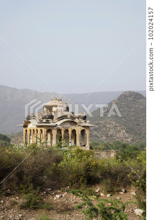Ruins of an old tomb near the Bhangarh Fort, is a 16th-century fort built in 1573, Alwar district, Rajasthan, India 102024157