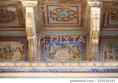 Lord Ganesha painting on the outer wall of a Haveli in Shekhawati. Marwari merchants constructed grand havelis in the Shekhawati region dated 17th to 19th centuries richly decorated with painted Lord Ganesha painting on the outer wall of a Haveli in Shekhawati. Marwari merchants constructed grand havelis in the Shekhawati region dated 17th to 19th centuries richly decorated with painted 102024185