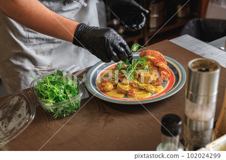 Professional chef is decorating ready meal with greens on restaurant kitchen Professional chef is decorating ready meal with greens on restaurant kitchen 102024299