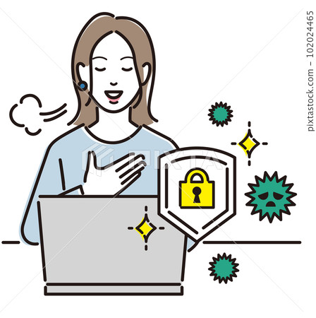 A young woman who feels relieved with laptop security measures 102024465