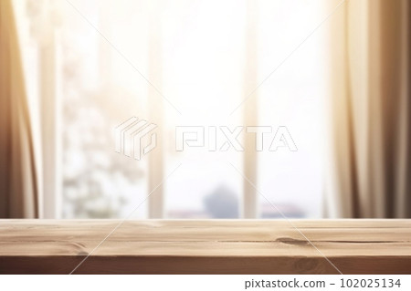 Minimalist Wooden Table in front of Blurred Window with Curtain. created with Generative AI Minimalist Wooden Table in front of Blurred Window with Curtain. created with Generative AI 102025134