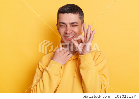 Horizontal shot of funny positive handsome man wearing hoodie showing ok sign and winking playfully to camera, good feedback, posing isolated over yellow background. 102025157