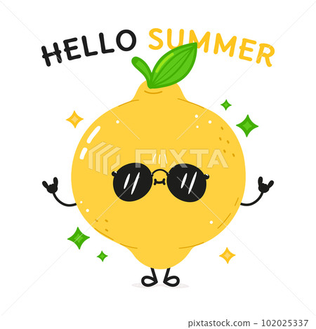 Lemon character. Hello summer card. Vector hand drawn cartoon kawaii character illustration icon. Isolated on white background. Lemon fruit character concept 102025337