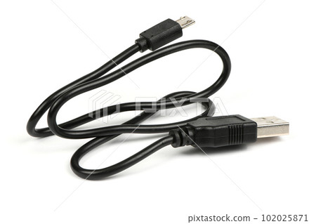 USB Cable for mikrocut. Black USB cable for charging a smartphone isolated on white. Side view. 102025871