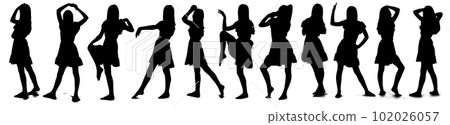 Black silhouettes of a teenager girl in different poses isolated on a white background. Black silhouettes of a teenager girl in different poses isolated on a white background. 102026057