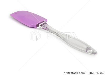 Pink rubber spatula, kitchen utensil. Isolated on white background. Side view. 102026362