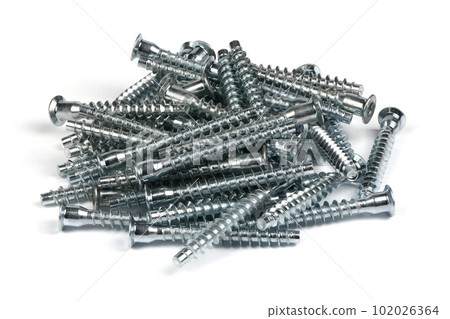 Screw-Confirmat for furniture, screw with hexagonal slot isolated on white background. Confirmat furniture 6.4x50. Side view. 102026364