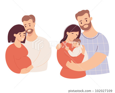 Cute couple with pregnant woman and pair with newborn baby. Happy family. Isolate vector illustrations in flat style. Future parents, pregnancy motherhood, parenthood concept. 102027109