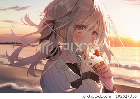 girl eating ice cream by the sea girl eating ice cream by the sea 102027316