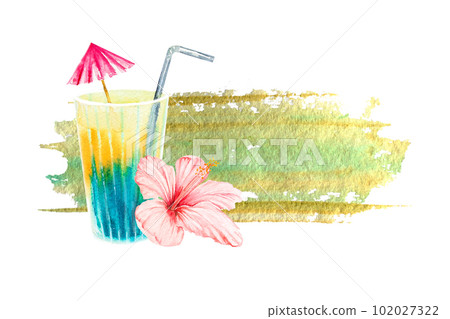 Watercolor illustration on a tropical theme. Drawing a multicolored drink in a glass and a Hawaiian flower.Hawaii 102027322