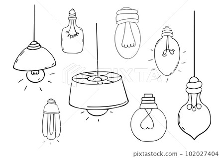 Set Bulb lamp doodle cartoon comic electricity isolated on white background. Sketch, freehand icon, drawing Set Bulb lamp doodle cartoon comic electricity isolated on white background. Sketch, freehand icon, drawing 102027404