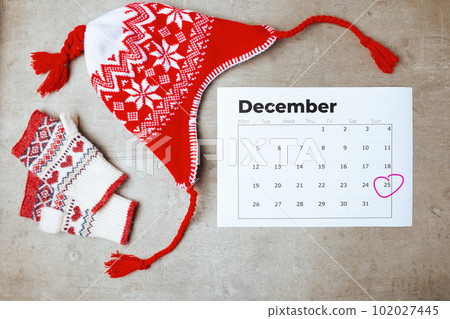winter flat lay with hat, december calendar and mittens winter flat lay with hat, december calendar and mittens 102027445
