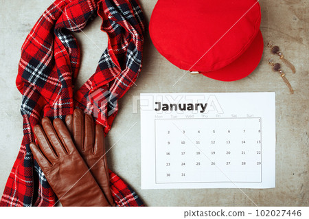 winter flat lay with hat, scarf, gloves and january calendar winter flat lay with hat, scarf, gloves and january calendar 102027446