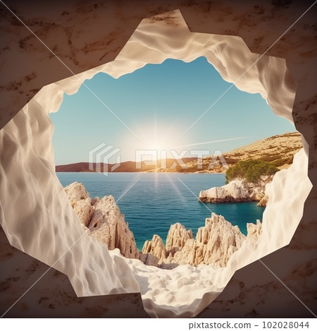 beautiful natural landscape is visible through a hole in the wall, south blue sea and beach, a nature concept, the importance of environmental protection, 102028044