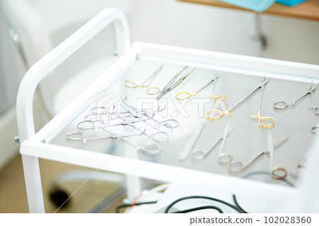 Surgical instrumets lying on table at vet clinic. Detailed shot of steralized surgery tools 102028360