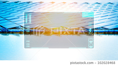 Blank screen HUD interface of solar panels against sunlight on background. 102028468
