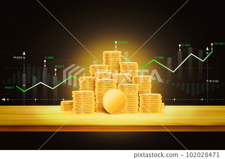 Blank gold coin and coins stack on wooden table and graph chart on black background. 102028471