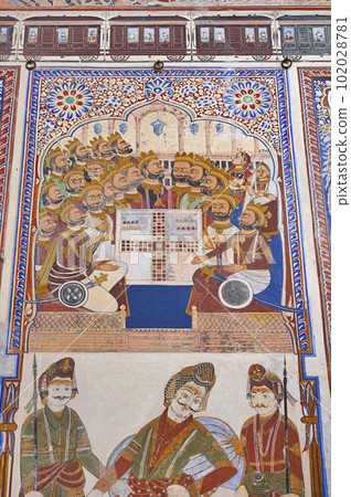 Colourful paintings on the inner wall of Dr. Ramnath Podar Haveli Museum, a cultural heritage museum which houses Rajasthani living style, miniature paintings, textiles, jewellery, and other items, Colourful paintings on the inner wall of Dr. Ramnath Podar Haveli Museum, a cultural heritage museum which houses Rajasthani living style, miniature paintings, textiles, jewellery, and other items, 102028781