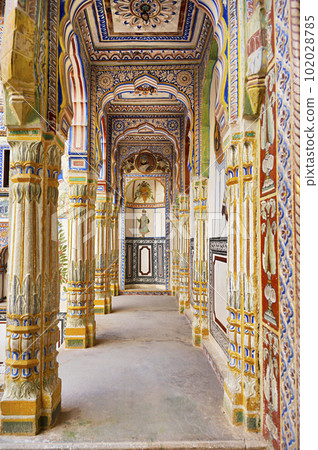 Dr. Ramnath Podar Haveli Museum, a cultural heritage museum which houses Rajasthani living style, miniature paintings, textiles, jewellery, and other items, Shekhawati, Nawalgarh, Rajasthan, India 102028785