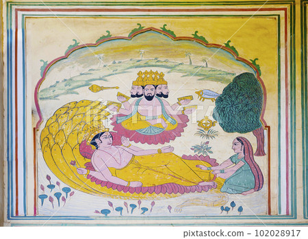 Colourful mythological painting on the outer wall of Sisodia Rani Palace and Garden. Built by Maharaja Sawai Jai Singh II in 1710 A.D. for his queen 'Sisodia Rani' a princess of Udaipur, Jaipur, Colourful mythological painting on the outer wall of Sisodia Rani Palace and Garden. Built by Maharaja Sawai Jai Singh II in 1710 A.D. for his queen 'Sisodia Rani' a princess of Udaipur, Jaipur, 102028917