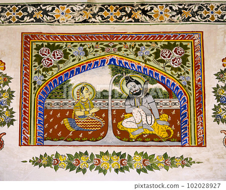 Colourful mythological painting on the inner wall of Dr. Ramnath Podar Haveli Museum, a cultural heritage museum which houses Rajasthani living style, miniature paintings, textiles, jewellery, and Colourful mythological painting on the inner wall of Dr. Ramnath Podar Haveli Museum, a cultural heritage museum which houses Rajasthani living style, miniature paintings, textiles, jewellery, and 102028927