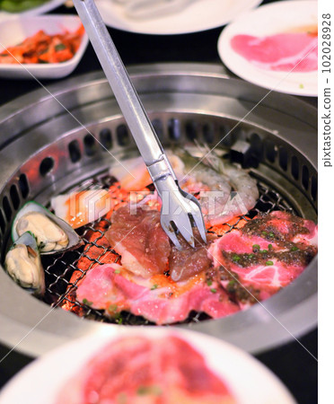 Raw food at grill with ingredients for BBQ 102028928